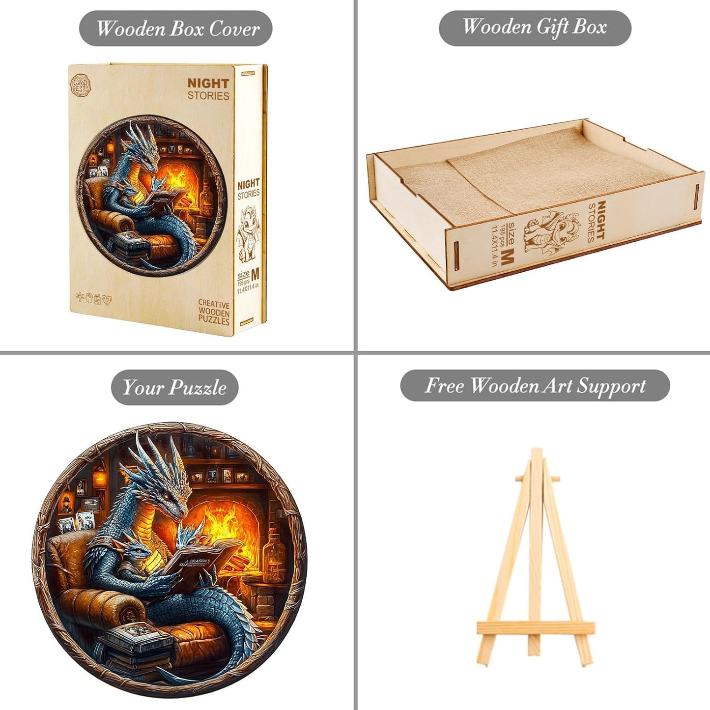 KAAYEE Wooden Puzzles for Adults, 3D Visual Effect Dragon Family Night Reading Wooden Jigsaw Puzzle Unique Shape Wood Puzzle Adult, 3D Effect Flat Puzzle Birthday Family Games (M-11.4*11.4 in-195pcs)