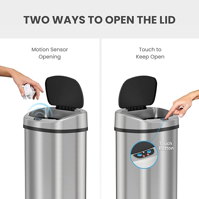 iTouchless 13 Gallon Automatic Sensor Trash Can with AbsorbX Odor Filter, Stainless Steel Kitchen Garbage Bin, Fingerprint-Proof, Hands-Free Operation, Oval