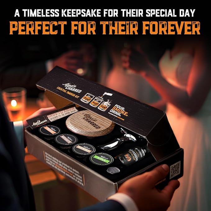 Whiskey Smoker Kit with Torch and Butane and Old Fashioned Syrup - 8 Flavors Wood Chips, 100% USA Oak, High-End Set - Old Fashioned Bourbon Cocktail Smoker Kit Gift for Men Dad