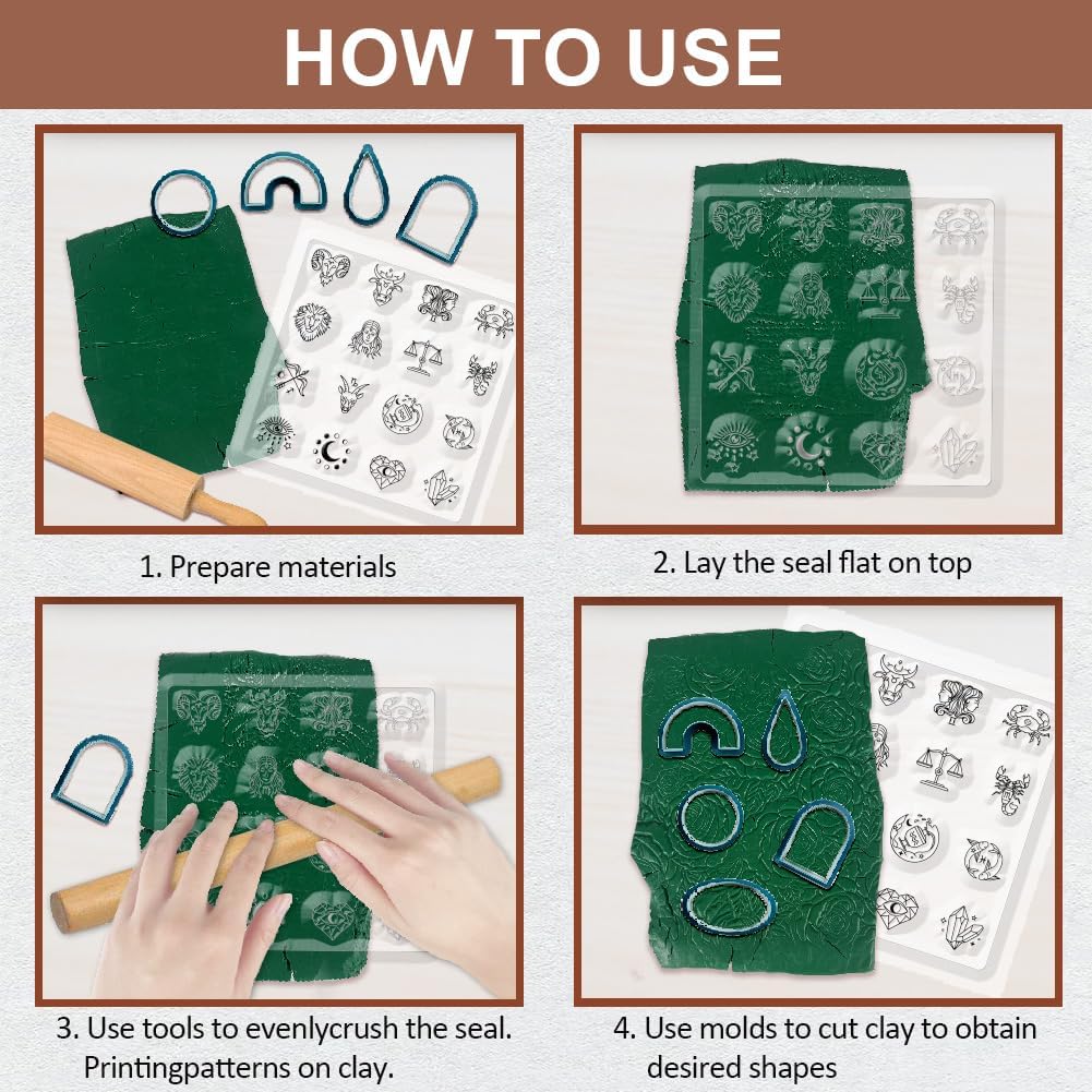 CHGCRAFT Polymer Clay Texture Sheets - 12 Zodiac Signs Silicone Stamp for Divination - Clear Mat Tools for Jewelry Earring Making, 5.5x5.5inch