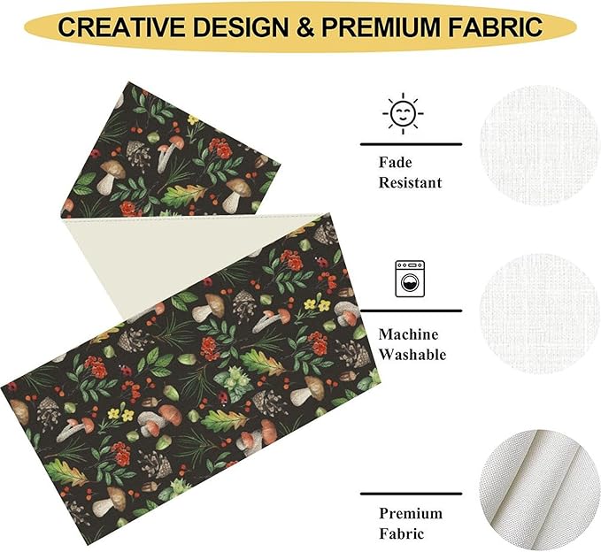 Mushroom Table Runner, Rustic Farmhouse Forest Plants Botanical Wild Floral Coffee Table Center Decor for Home Kitchen Dining Patio Holiday Party Indoor Outdoor Table Decorations, 13"x108" Inch