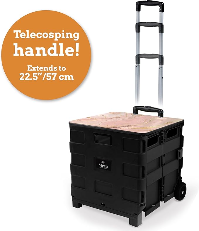 Inspired Living Collapsible Ultra-Slim Pack-N-Roll,2 Wheel Utility Cart w/Lid Used as Seat up to 250 Lbs, Telescopic Handle, Super Strong, for Home,Garden,Shopping,Office,School, Large, Pink Marble