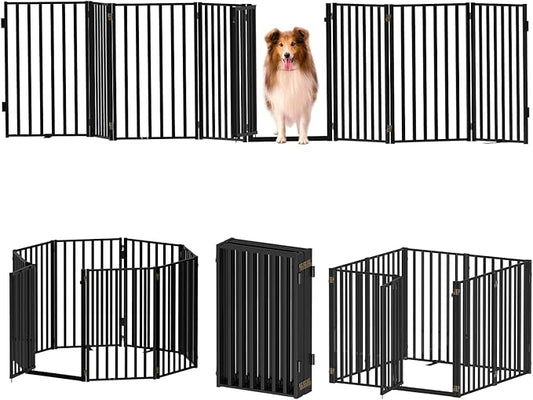 Full Metal Freestanding Dog Gates with Door, 32" Height Dog Fences for Indoor & Outdoor, Extra Wide Foldable Pet Gates for Stairs, Hallways, Doorways, Yard (8 Panels, 160" W × 32" H)