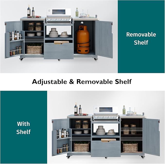 Merax 66.5" Outdoor Grill Table for Big Green Egg, Farmhouse Kitchen Island on Wheels with Stainless Steel Tabletop, Drawer and Spice Rack, Solid Wood Outdoor Storage Cabinet for Backyard, Grey Blue