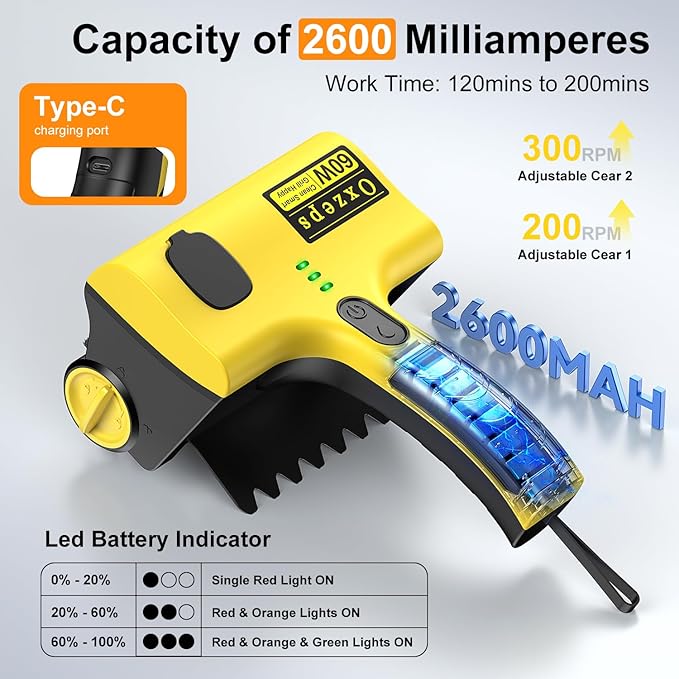Oxzeps Outdoor Electric BBQ Brush, 2600mAh Battery Capacity 7.4V 2-Speed Power Control Rechargeable Grill Brush with 2 Brush Heads, 360° Rotating Cleaning Brush.