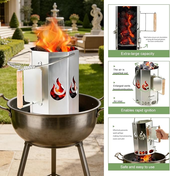 Ember Echo Heavy-Duty XL Charcoal Chimney Starter，Charcoal Starter Chimney Durable Quick-Ignition Grilling Essential for BBQ, Smoker, Pizza Oven, Outdoor Campfire & Fire Pit