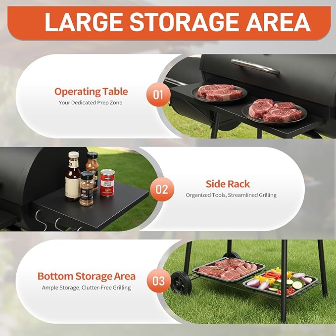 Outvita Charcoal Grill with Offset Smoker, Barrel Barbecue Smoker Grill with Spacious Cooking Area for BBQ, Backyard Patio Picnic Parties Camping, Black