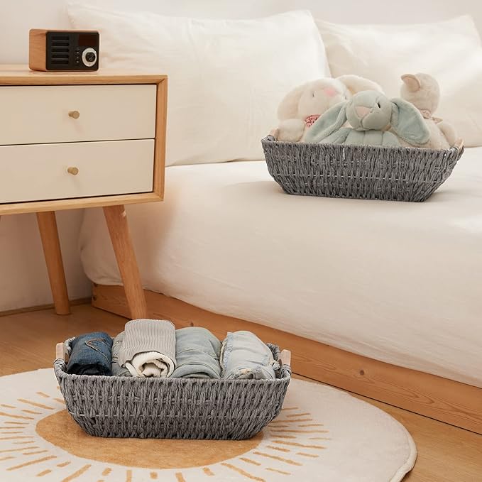 FairyHaus Wicker Baksets 2Pack 15x10x5, Recyclable & Renewable Paper Rope Wicker Storage Bakset with Solid Wood Handles, Wicker Baskets for Shelves Organizing, Grey