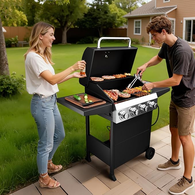 ROVSUN 4-Burner Propane Gas BBQ Grill with Foldable Side Tables & Enameled Cast Iron Grates, 40,000 BTU Barbecue Grill with Portable Wheels for Outdoor Patio Backyard Cooking Grilling, Black