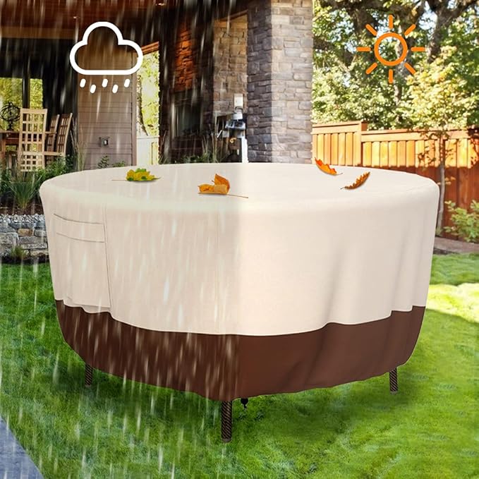 Patio Furniture Covers - Heavy Duty Round Table Cover (110D x 28H Inch) - Outdoor Dining & Coffee Table Cover for Veranda, Lawn - Waterproof & Weather Resistant, Anti UV - Beige & Brown