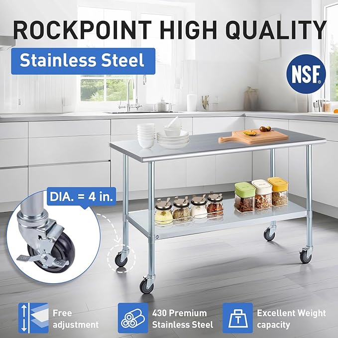 ROCKPOINT Stainless Steel Table for Prep & Work with Caster Wheels 30x48 Inches, NSF Metal Commercial Kitchen Heavy Duty Table with Adjustable Under Shelf and Table Foot for Restaurant, Home and Hotel
