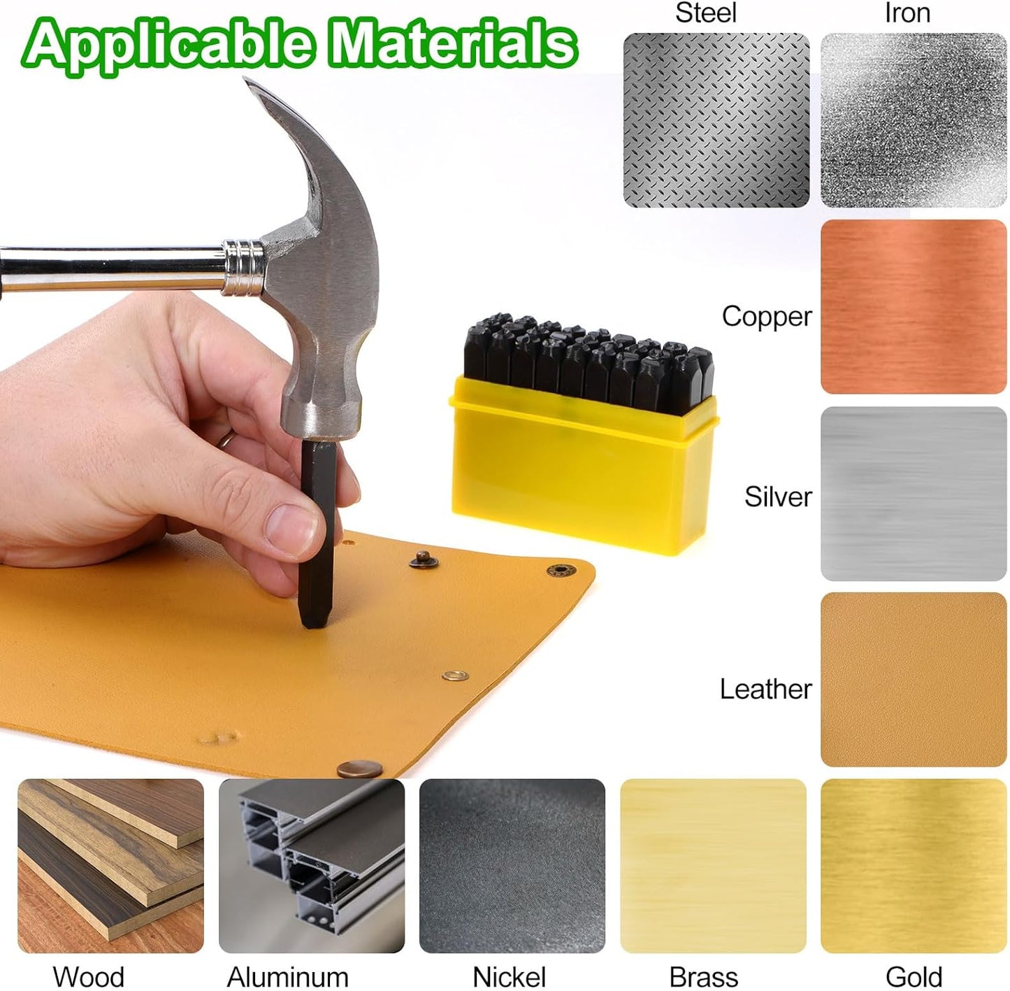 HARFINGTON 36pcs Metal Stamping Kit 25/64" (10mm) (A-Z, 0-8, "&" Symbol) Steel Letter Punch Press Tool with Hole Punch to Stamp on Metal, Plastic, Wood, Leather, Black