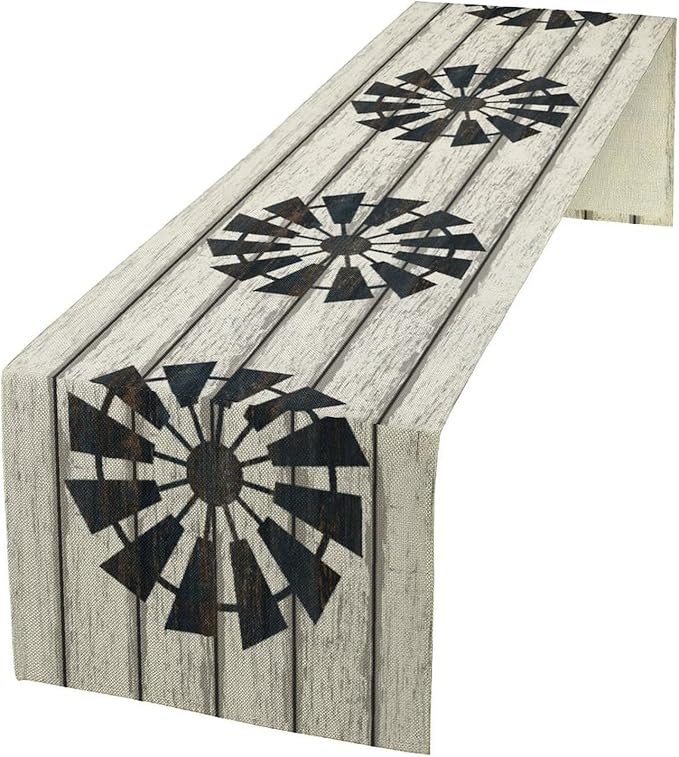 Retro Windmill Table Runner, Rustic Farmhouse Wood Grain Country Style Print Table Runner for Dinning Holiday Party Indoor Outdoor Decor, 13x120inch