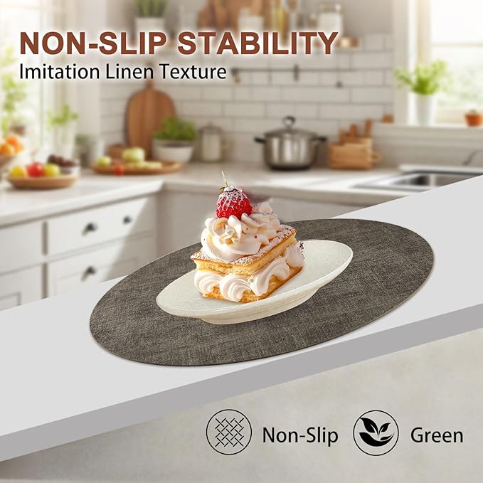 Round Faux Leather Placemats and Coasters, Set of 6, Reversible Heat Resistant Non-Slip Table Mats, Waterproof Wipeable Place Mats for Dining Table, Washable for Indoor & Outdoor (6, Dark Brown)