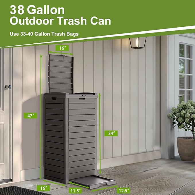 38 Gallon Outdoor Trash Can with lid,Waterproof,UV-Resistant Resin Garbage Can,Lockable Lid and Drip Tray,Trash Bin for Patio,Kitchen, Backyard and Deck(Grey)
