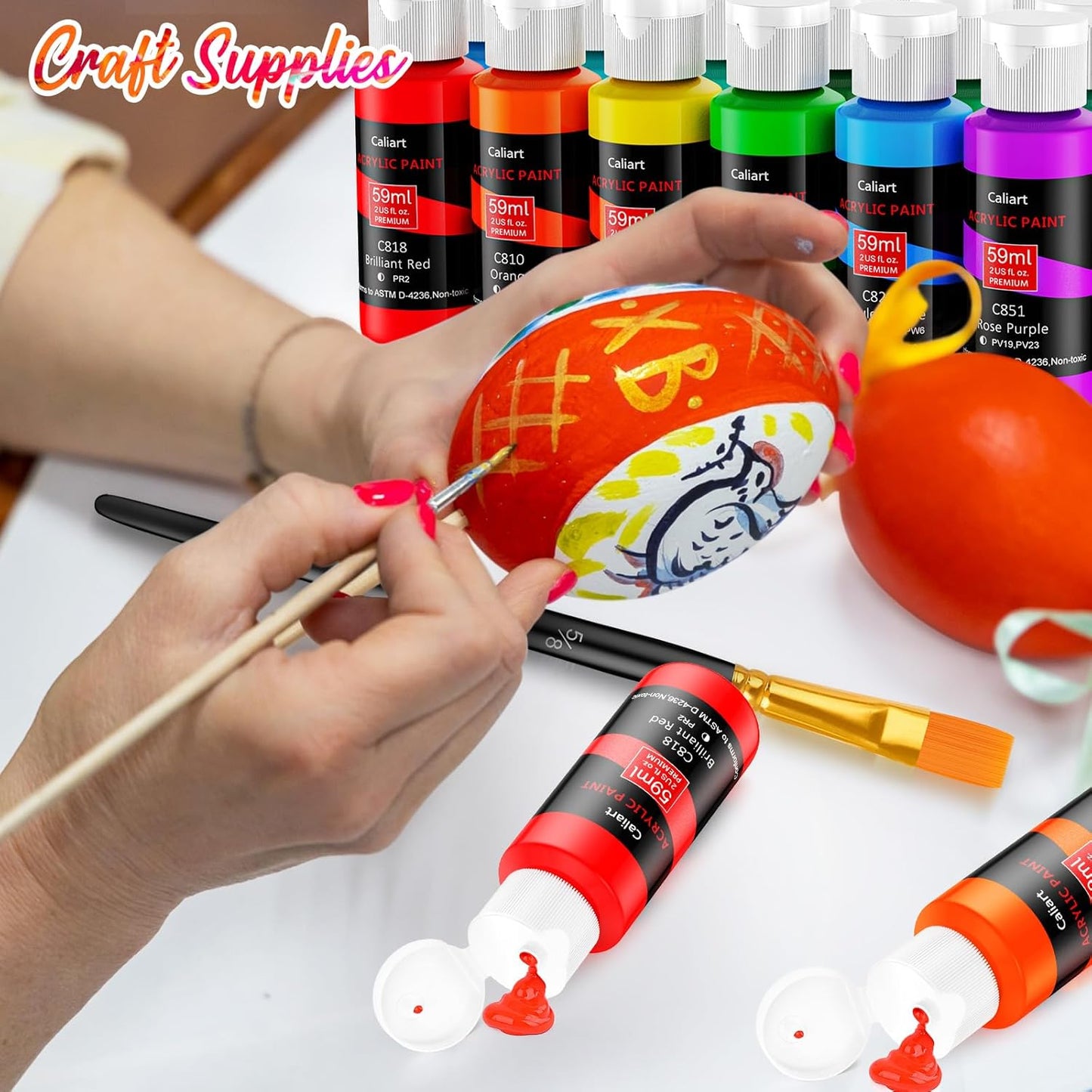 Caliart Acrylic Paint Set with 12 Brushes, 72 Colors (59ml, 2oz) Art Craft Paints Gifts for Artists Adults Beginners Painters, Halloween Pumpkin Canvas Ceramic Rock Painting Kit Art Supplies