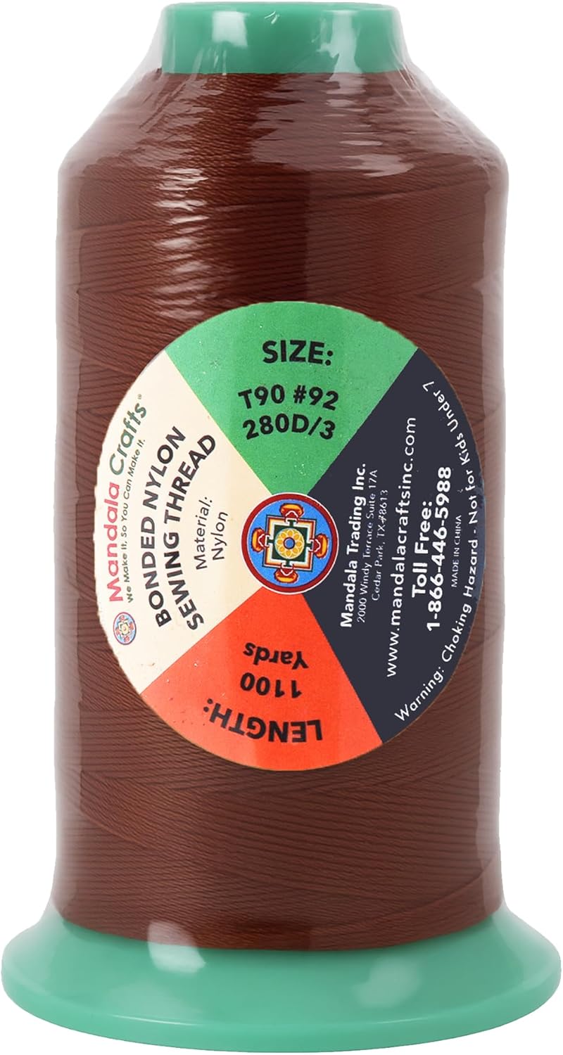 Mandala Crafts Size 92 280D T90 Bonded Nylon Thread Copper Brown Heavy Duty Sewing Threads - 1100 YDs Tex 90 Thread for Leather, Jeans, Weaving, Outdoor Marine Upholstery Threads