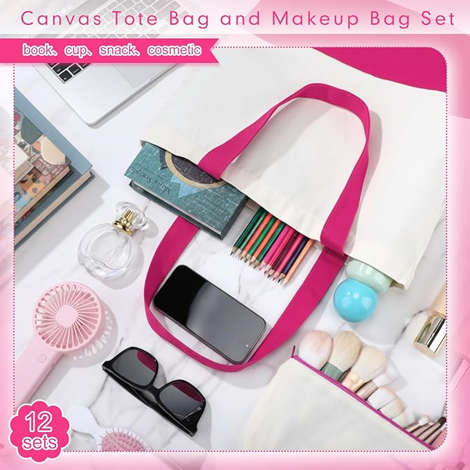 Sanwuta 24 Pcs Canvas Tote Bags Bulk with Zipper Cosmetic Bags 18.5" Cotton Canvas Bag with Handles Reusable Shopping Bags