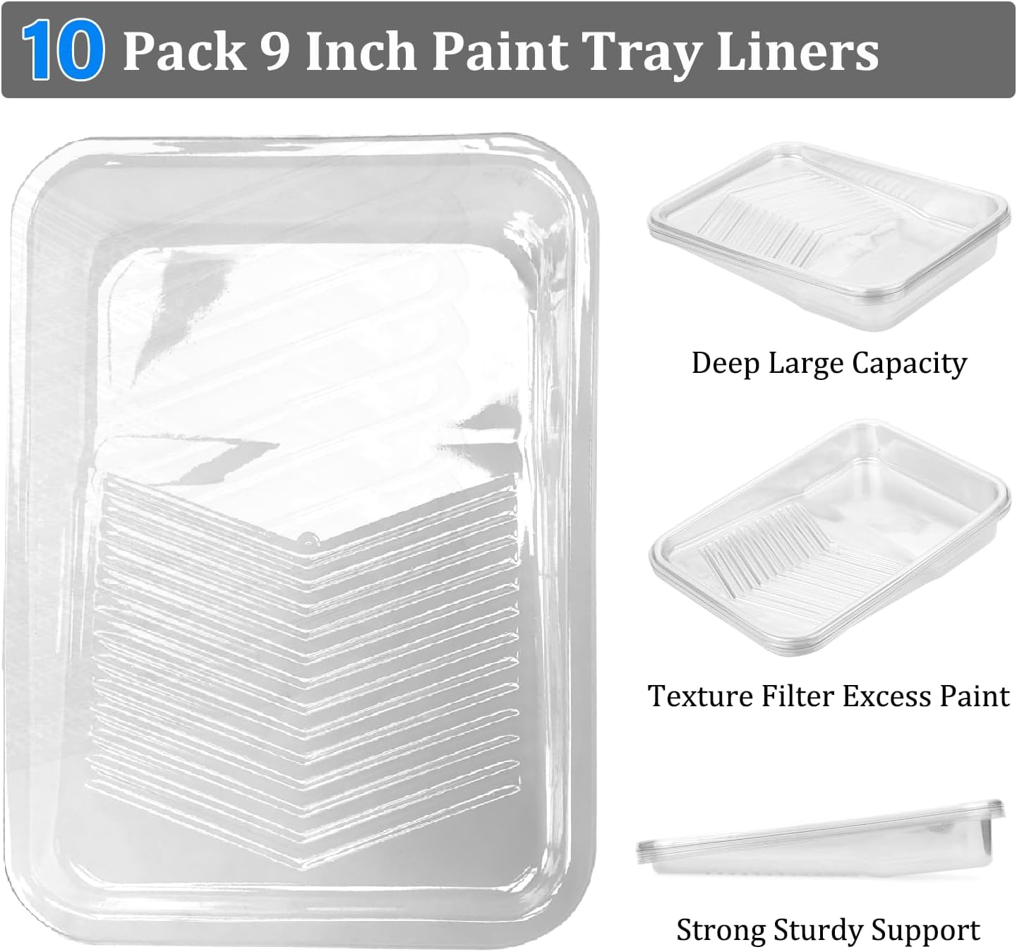 Great Andrew 10 Pcs Paint Tray Liners, 9-Inch, Deep Capacity Disposable Paint Tray Liner, Paint Pan Liners, Roller Trays for Painting Walls, DIY Projects, Home Improvement