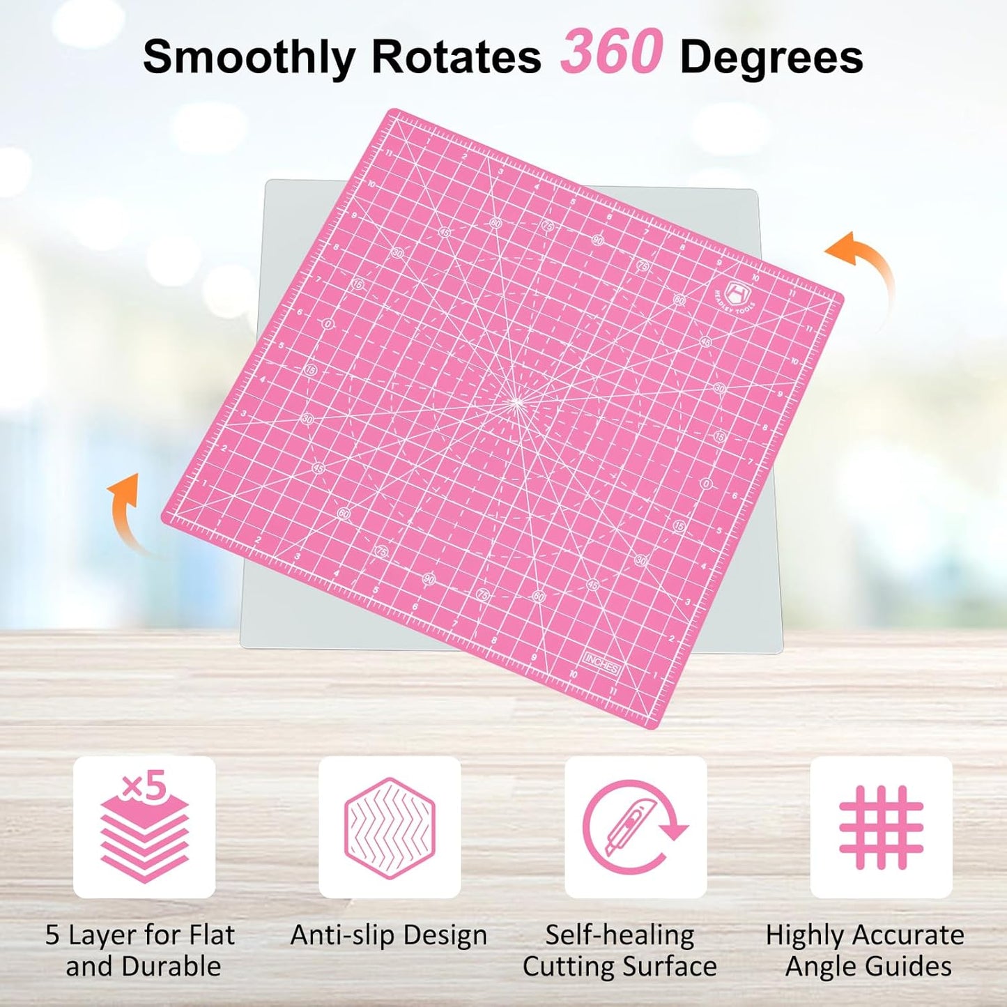 Headley Tools 12"x12" Rotating Cutting Mat, Self Healing Mat with 360-Degree Rotation & Anti-Slip Base, Sewing Board Cutting Mat Perfect for Fabric Quilting Leather Hobby Project，Pink