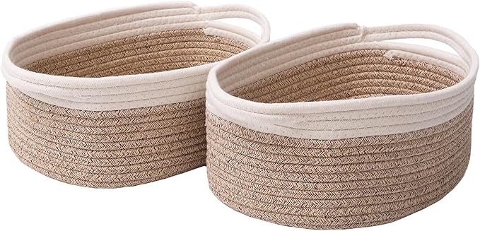 Woven Basket,Small Rope Storage Bin with Handles & Ribbon Bag, Organizer for Shelves Closets,Gift Basket Empty for Birthday,Books,Dog Toys, White&Oatmeal/2 Pack