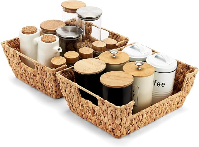Wicker Baskets 2 Pack, Water Hyacinth Wicker Storage Basket with Handles, Pantry Baskets Organization and Storage, Handmade Large Wickers Baskets for Organizing, Natural