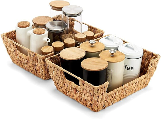 Wicker Baskets 2 Pack, Water Hyacinth Wicker Storage Basket with Handles, Pantry Baskets Organization and Storage, Handmade Large Wickers Baskets for Organizing, Natural