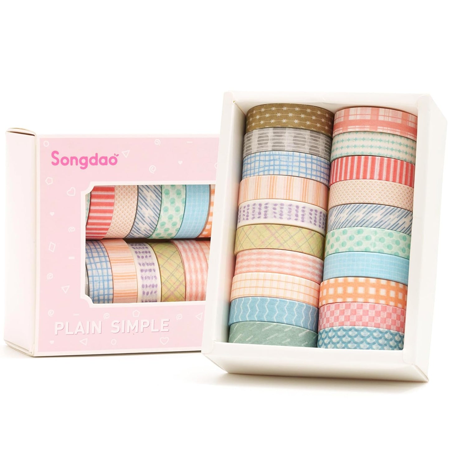 20 Rolls Basic Washi Tape Set Japanese Arts Adhesive Tapes Simple Patterns Decorative Masking Tape Sets for Craft, Kids, Scrapbook, DIY, Gift Wrapping (Style One)