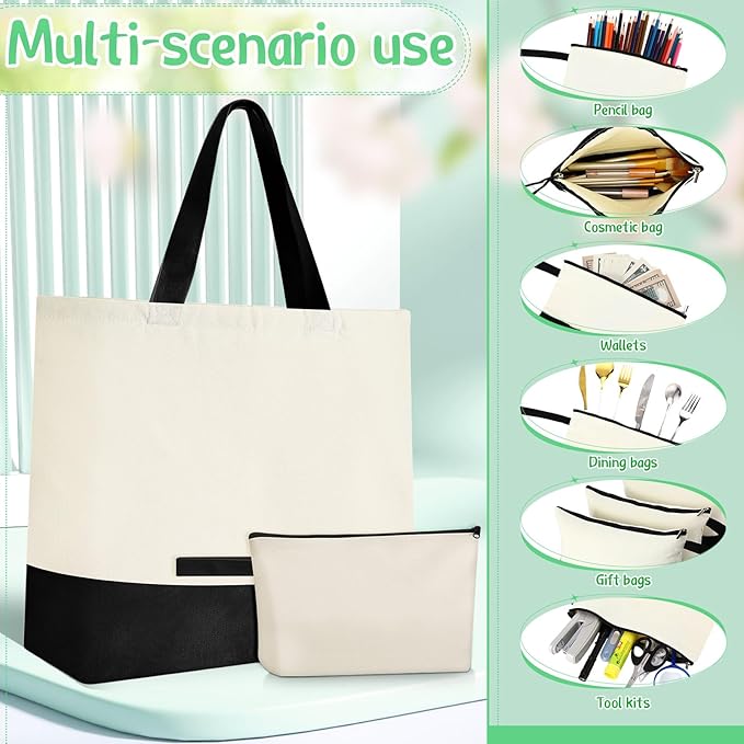 Sanwuta 24 Pcs Canvas Tote Bags Bulk with Zipper Cosmetic Bags 18.5" Cotton Canvas Bag with Handles Reusable Shopping Bags