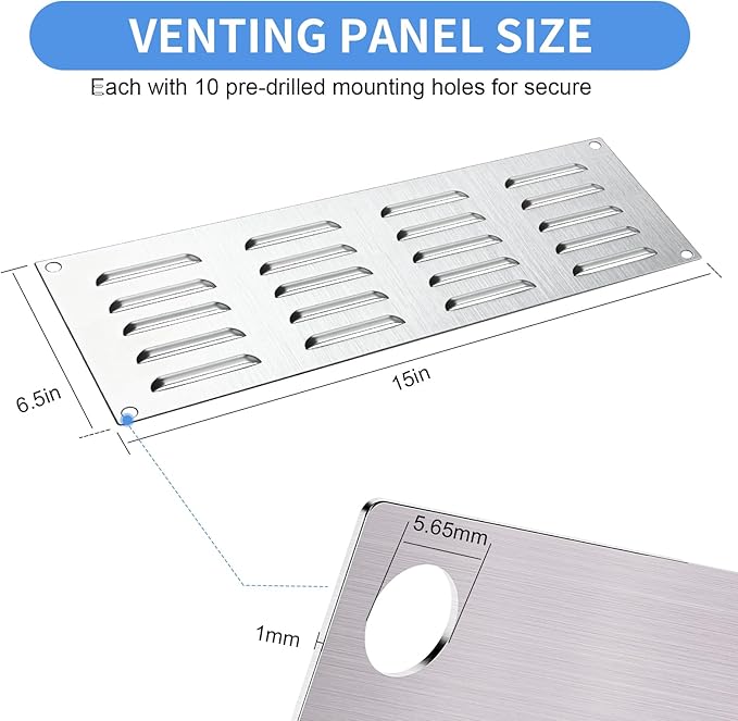 4 Pack Stainless Steel Venting Panel for BBQ Grill Accessory, 15x6.5 Inch (20-Slots), 304 Grade Metal Vent Cover for Masonry Fire Pits & Outdoor Kitchens, Weather Resistant, 15" by 6-1/2"