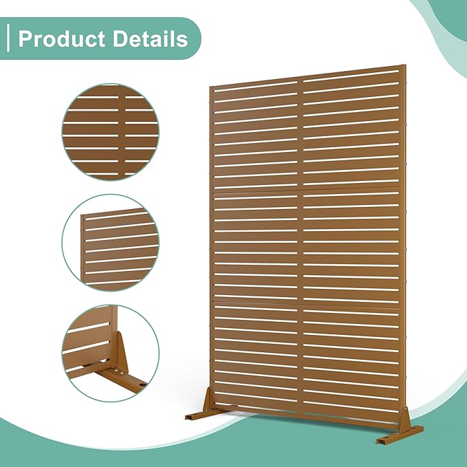 Metal Privacy Screen for Outdoor & Indoor Use, Free Standing Privacy Screen for Patio Garden Pool, 72" H x 47" W Decoative Privacy Panels, Weather Resistant, Easy Assembly (Brown Louvered)