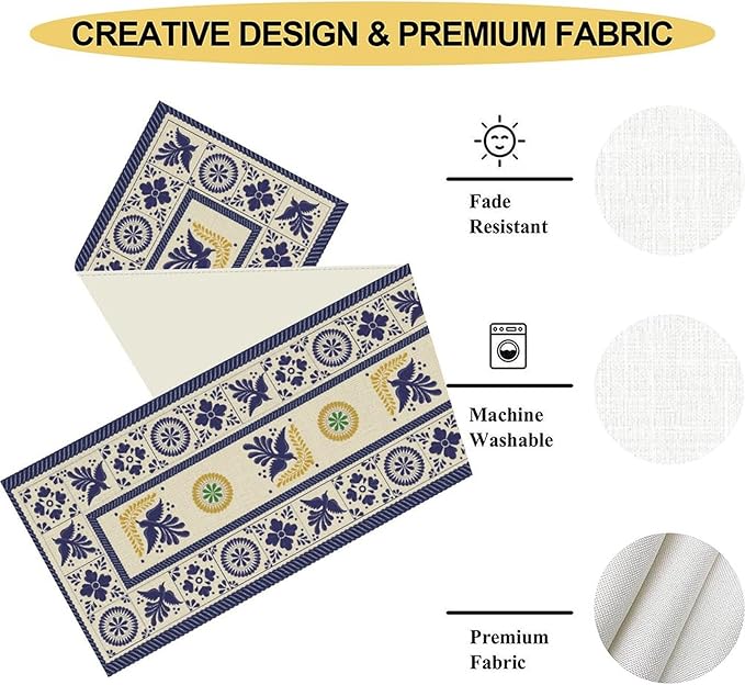 Mexican Table Runner, Blue Floral Birds Mexico Talavera Ceramic Dia De Los Muertos Coffee Table Center Decor for Family Home Kitchen and Dining Farmhouse Indoor Outdoor Table Decorations, 13" X 108"