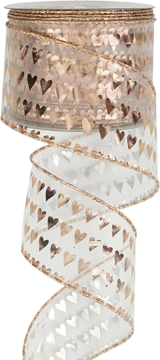 MEEDEE Heart Wired Ribbon - 2.5 Inch Rose Gold & Pink Sheer Organza Ribbon, 25 Yards Roll, Perfect for Valentine Bows & Decor