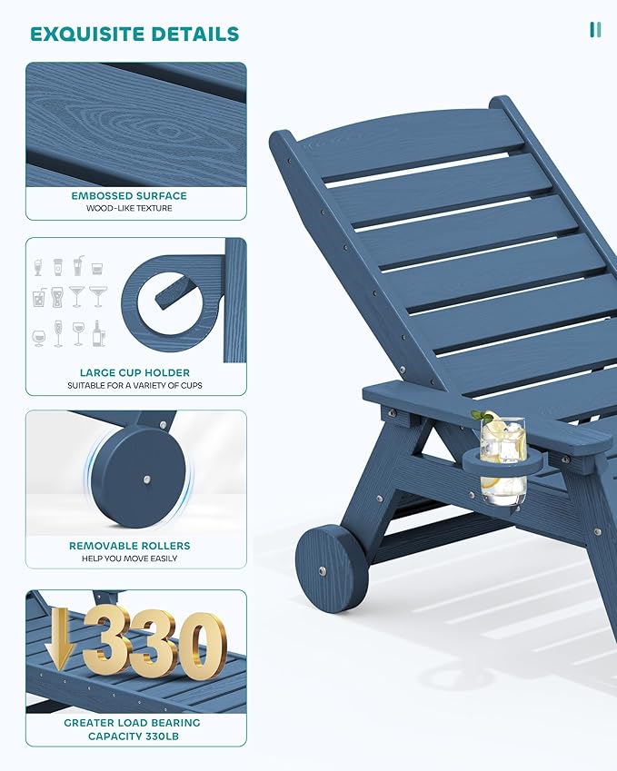 SERWALL Patio Chaise Lounge Chair Set of 4, 5 Positions Adjustable Poly Outdoor Lounger for Pool, HDPE Lounge Chair with Rolling Wheels & Cup Holder for Poolside, Deck, Blue