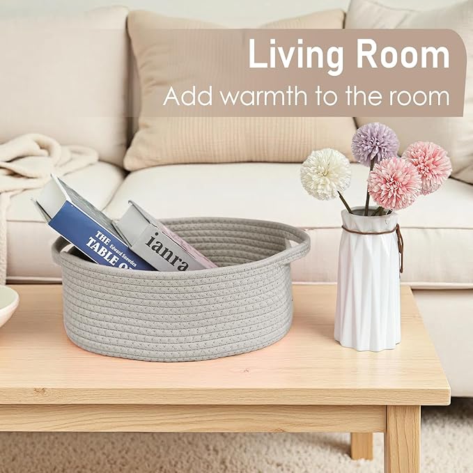 Woven Basket,Small Rope Storage Bin with Handles & Ribbon Bag, Organizer for Shelves Closets,Gift Basket Empty for Birthday,Books,Dog Toys, Grey/3 Pack