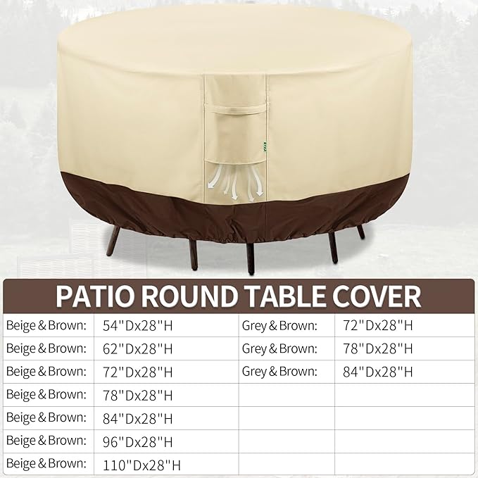 Round Patio Furniture Covers, 78" DIA x 28 H Waterproof Outdoor Furniture Cover for Patio Table & Chair Sets, 600D Heavy-duty UV-Resistant Fade-Proof Protection, Beige & Brown