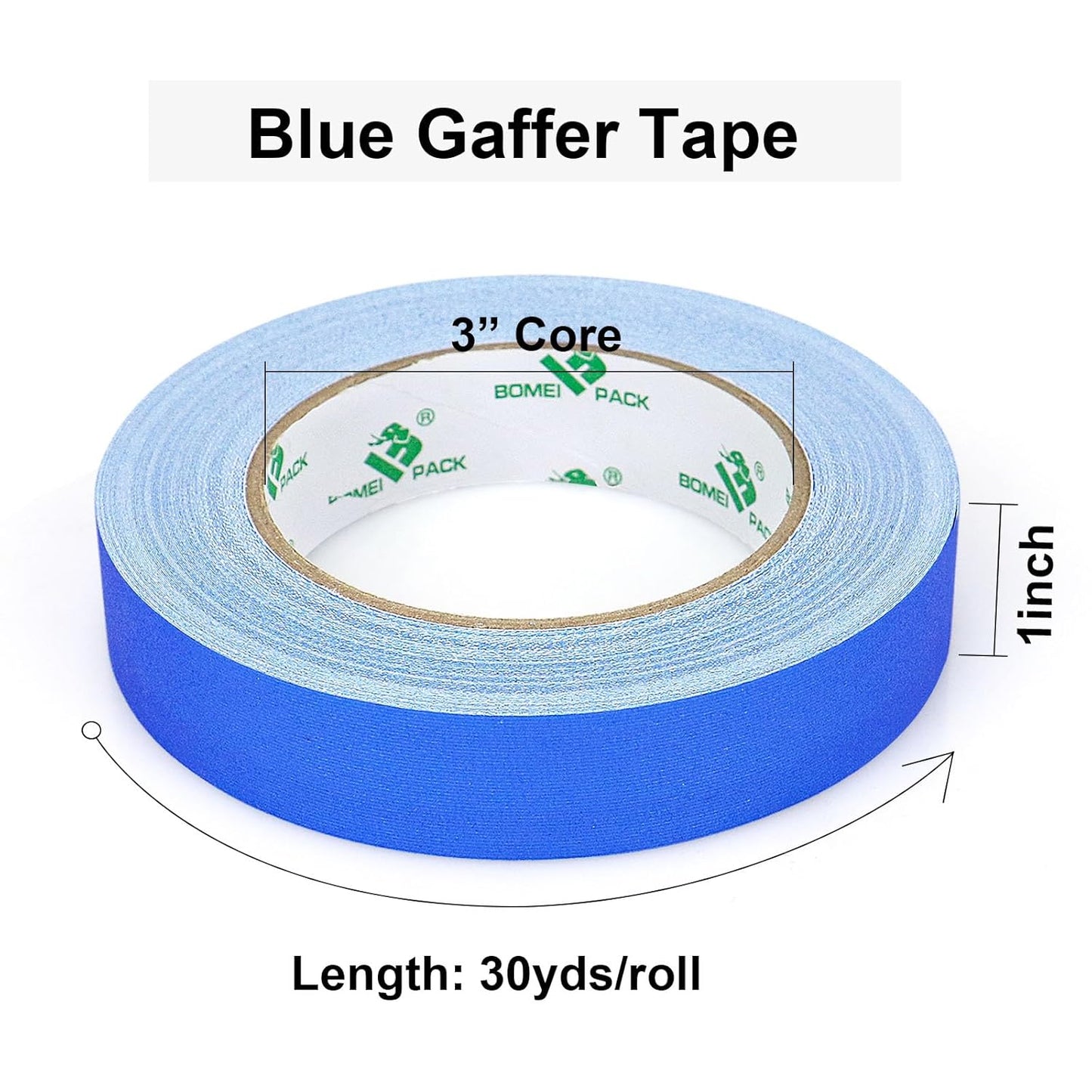 BOMEI PACK Blue Gaffer Tape, Matte Non-Reflective, 1inch x 30yds No Residue Hand Tear Self-Adhesive Gaffer Tape for Labeling, Cable, Stage, Photo Studio, Painters and Duct Repair, 1 Pack
