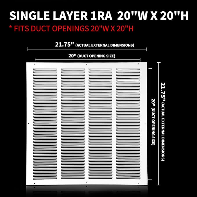 20x20 Return Air Grille(Duct Opening Size),Air Return Vent Cover,Flat Vent Cover,Rejillas De Aire Acondicionado para Casa,Return Air Grilles,Outer Dimensions:21.75"Wx21.75"H(20"Wx20"H, Duct Opening)