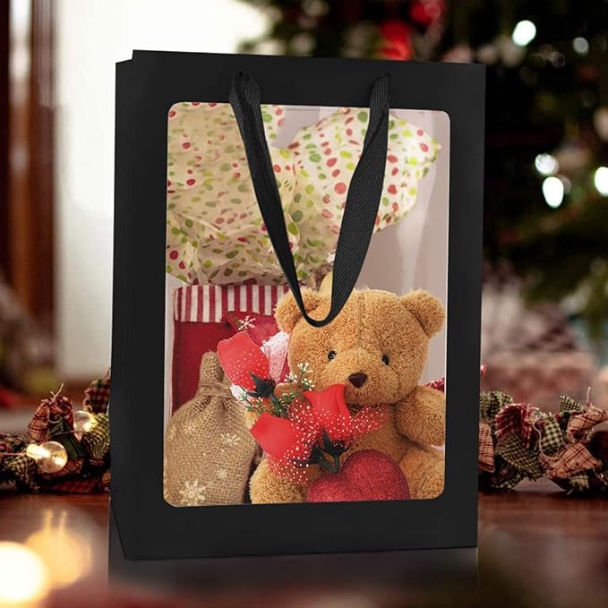 6 Pcs Black Paper Gift Bags with Transparent Window, 9.84"x7.0"x5.12" Kraft Shopping Bags with Handles for Bouquet Christmas Birthdays Festivals Party Weddings Wrapping