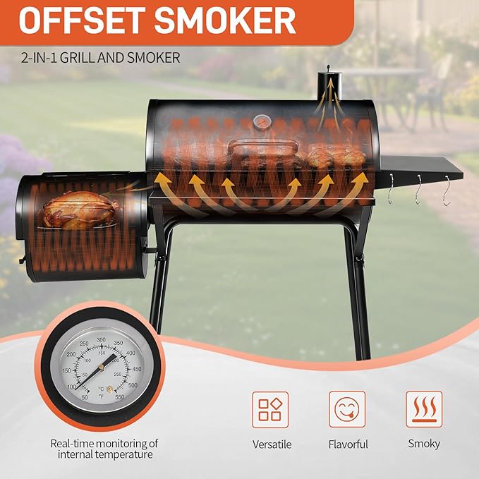 Outvita Charcoal Grill with Offset Smoker, Barrel Barbecue Smoker Grill with Spacious Cooking Area for BBQ, Backyard Patio Picnic Parties Camping, Black