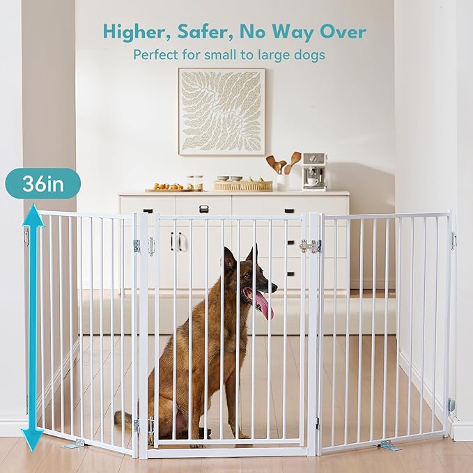 No Pawblems Free Standing Dog Gate with Door, 36'' Tall Foldable Dog Fence for Indoor & Outdoor, Up to 78 Inch Extra Wide Puppy Gate for Stairs, Hallways, Doorways, Deck, Yard (White, 3 Panels)