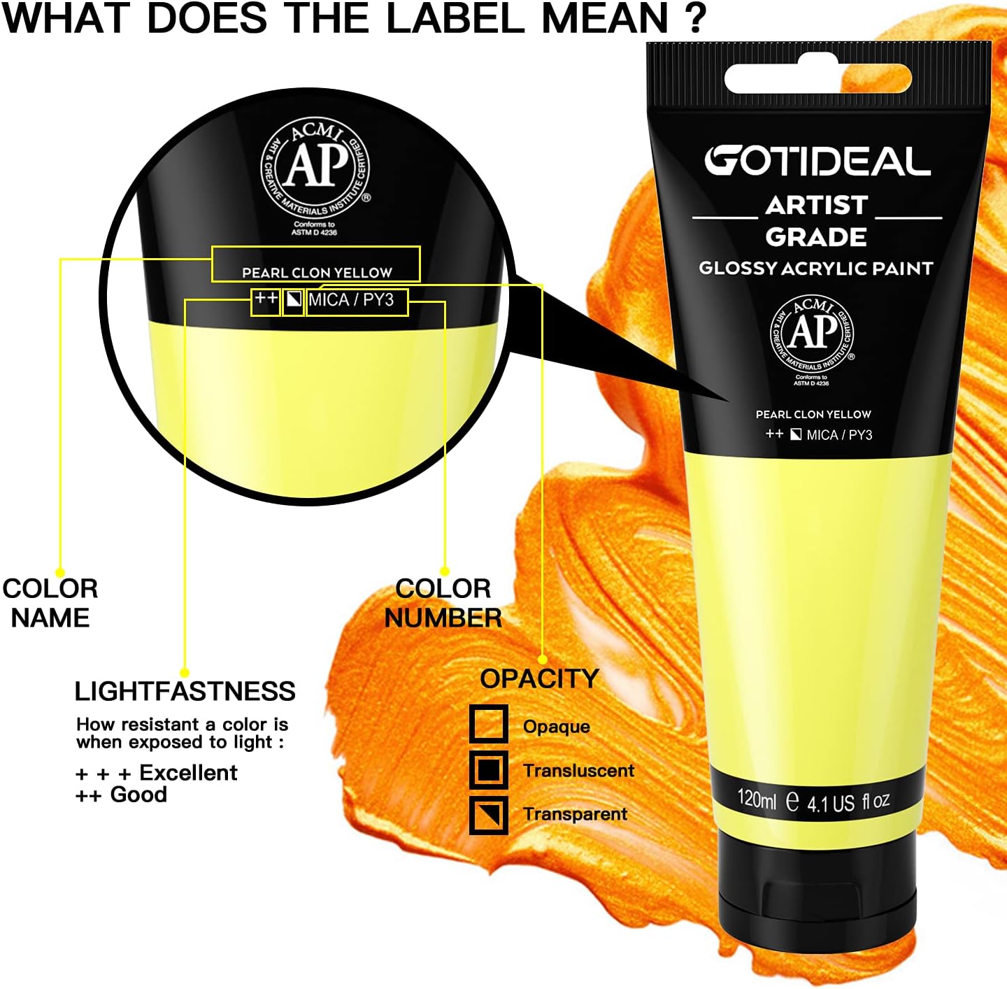 GOTIDEAL Metallic Acrylic Paint Pearl Clon Yellow Tubes(120ml, 4.1 oz) Non Toxic Non Fading,Rich Pigments for Painters, Adults & Kids, Ideal for Canvas Wood Clay Fabric Ceramic Craft Supplies