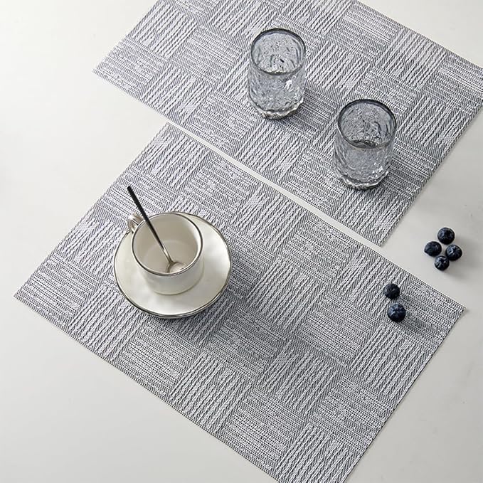 Placemats Set of 4, Plastic Vinyl 18" x 12" Place Mats for Dinner Table, No-Slip Wipeable Table Mats Daily Use Patio Kitchen Decoration (White Mix Black)