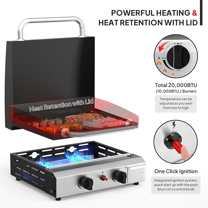 Bonnlo 2 Burner Portable Propane Griddle with Lid, 20000BTU Tabletop Flat Gas Grill with Ignition and Oil Collector, Camping Griddle for Outdoor Cooking Patio Backyard Sandbeach BBQ Party