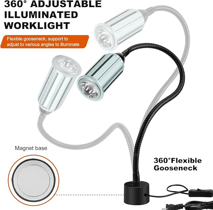 15W Magnetic Work Light, LED Machine Light with Flexible Gooseneck and Magnetic Base, Shop Tool Lamp for Lathe, Work Bench, Sewing Machine, Grill, Industrial Lighting