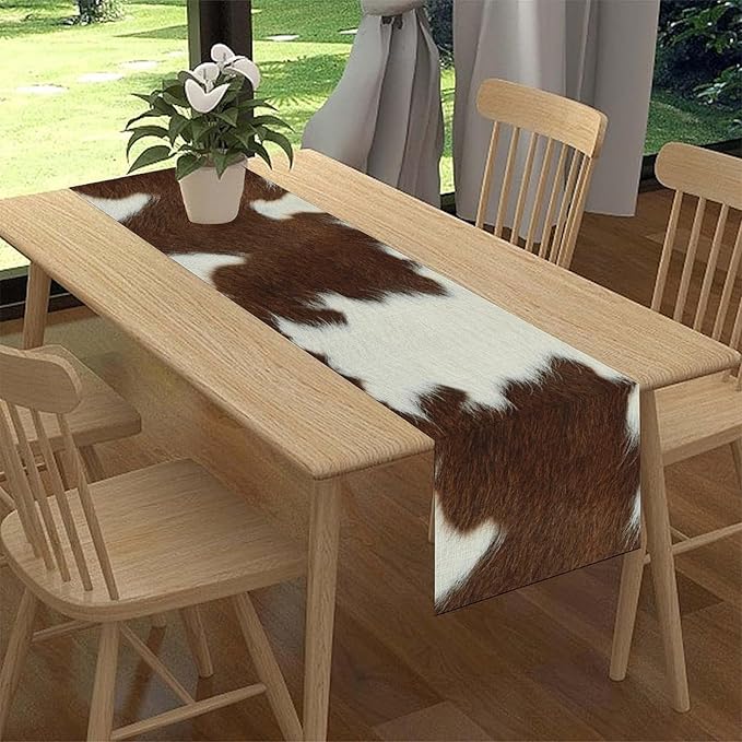 Cow Print Table Runner, Brown Cowhide Print Western Style Table Runner Country Farmhouse Cottage Cow Pattern Linen Table Decoration for Home Kitchen Dining 13x108