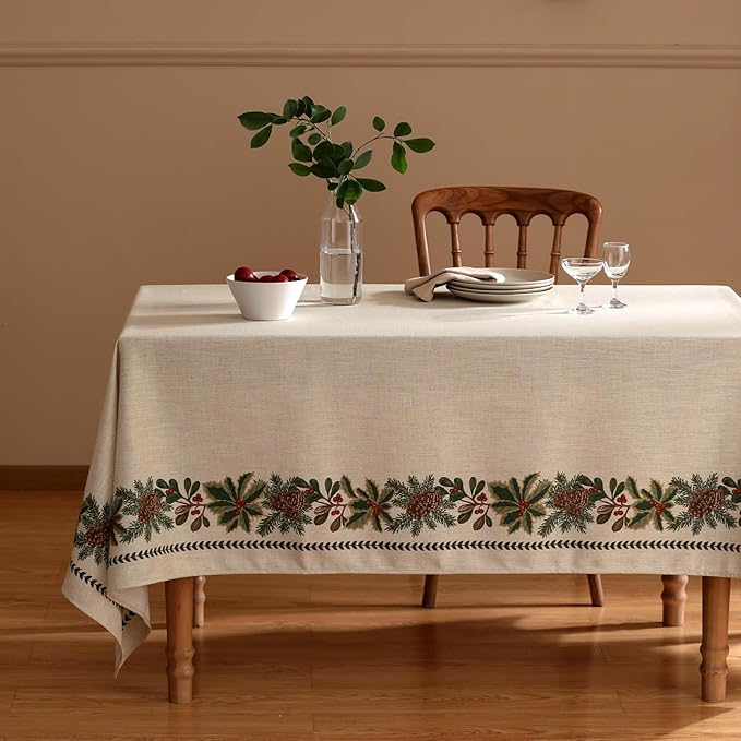 ISAENNE Designer Christmas Linen Extra Long Rectangle Tablecloth,Light Beige Western Table Cloth,Wrinkle Resistant Decor Tablecloths for Dining Thanksgiving Kitchen Christmas,67"*118"-Carol G