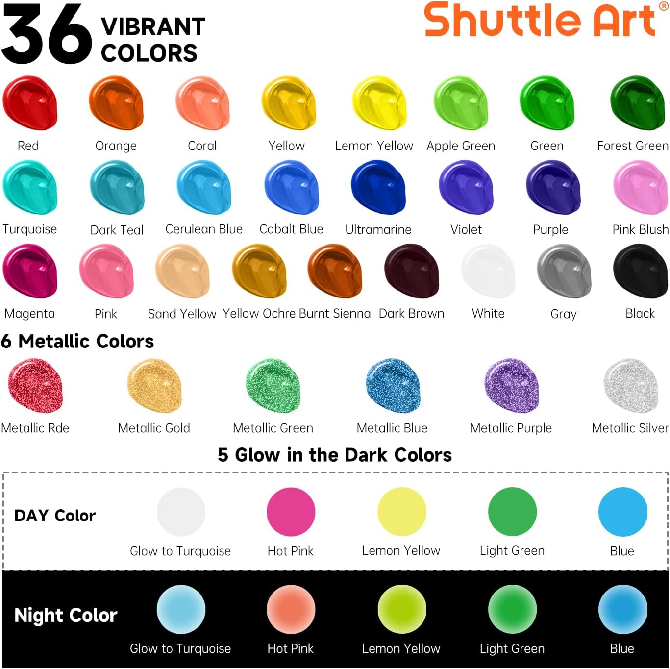 Shuttle Art Outdoor Acrylic Paint Set, 36 Colors 2oz/60ml Waterproof Acrylic Paint with 10 Brushes 1 Palette, Rich Pigmented Paints for Artists, Beginners on Rocks, Wood Crafts, Garden Statues