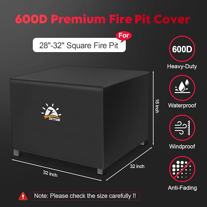 Zettum Fire Pit Cover Square 32 Inch - Outdoor Firepit Cover Heavy Duty & Waterproof, 600D Patio Fire Table Cover Gas Fire Pit Accessories Fit 32" Yaheetech Firepit - 32 x 32 x 16 Inch