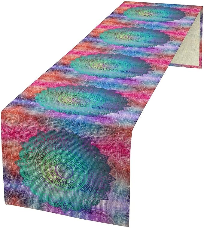 Bohemian Flroal Table Runner, Vintage Colorful Pink Boho Geometric Mandala Flower Paisley Rustic Coffee Table Center Decor for Family Kitchen and Living Room Outdoor Table Decorations, 13"x72"
